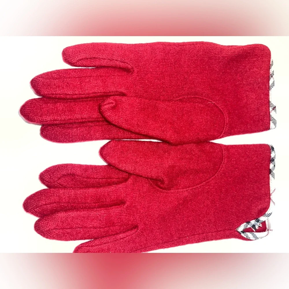 Burberry Wool Women’s Gloves Nova Check Logo Embroidery Red O/SFM - Picture 9 of 12